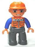 LEGO 47394pb156 Duplo Figure Lego Ville, Male, Dark Bluish Gray Legs, Orange Vest with Zipper and Pockets, Orange Construction Helmet