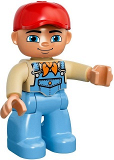 LEGO 47394pb167 Duplo Figure Lego Ville, Male, Medium Blue Legs, Tan Top with Medium Blue Overalls, Bandana, Red Cap